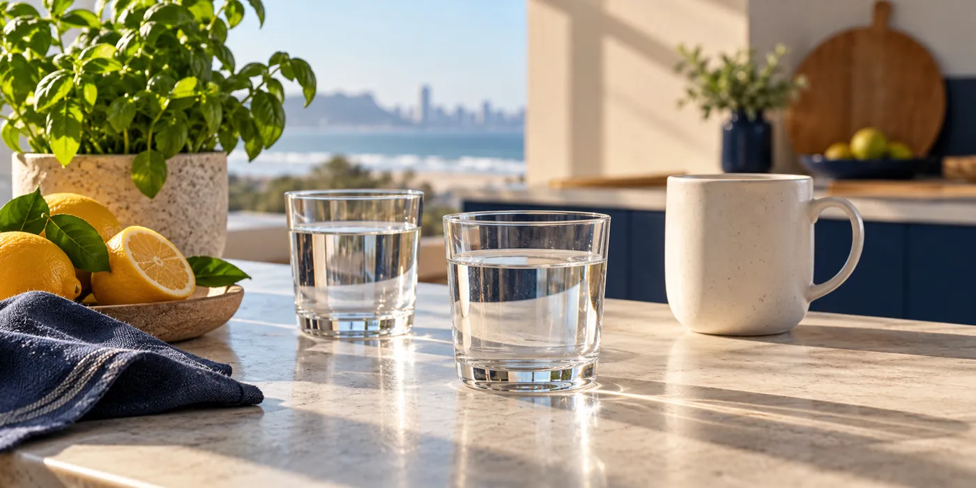 Illustrative kitchen scene with water glasses, a ceramic mug and fresh citrus